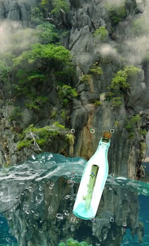 Message in a Bottle, bottle splashing in waves, Rough Water Surface, copy space, james bond island, close up of water wave, bubbles, tropic landscape, sea, ocean corals, seascape photomanipulation.